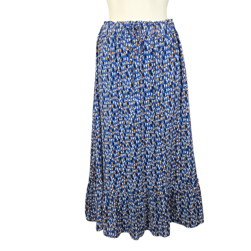 Skies Are Blue Blue Abstract Geometric Ruffle Hem Maxi Skirt Boho Casual Small